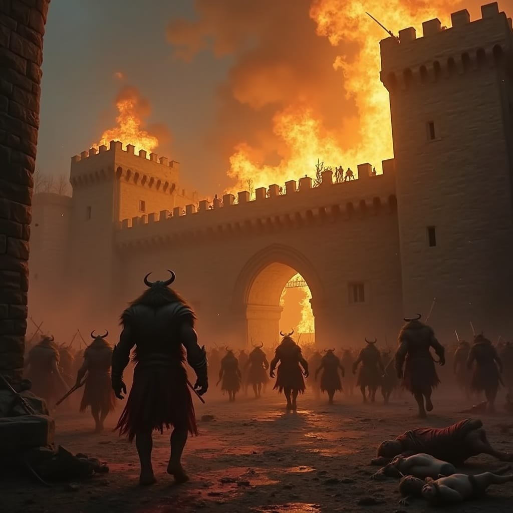 And so the herd of minotaurs reached the royal castle. Those who hadn't yet fled or sought refuge behind the thick walls were thrown from the walls, and the castle was set ablaze.