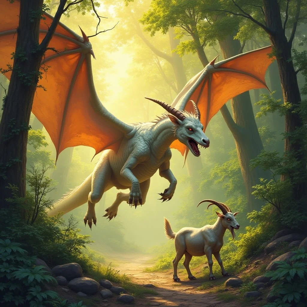 Then suddenly Beëlzebub appears out of nowhere skimming the ground and grabbing the goat with its claws.