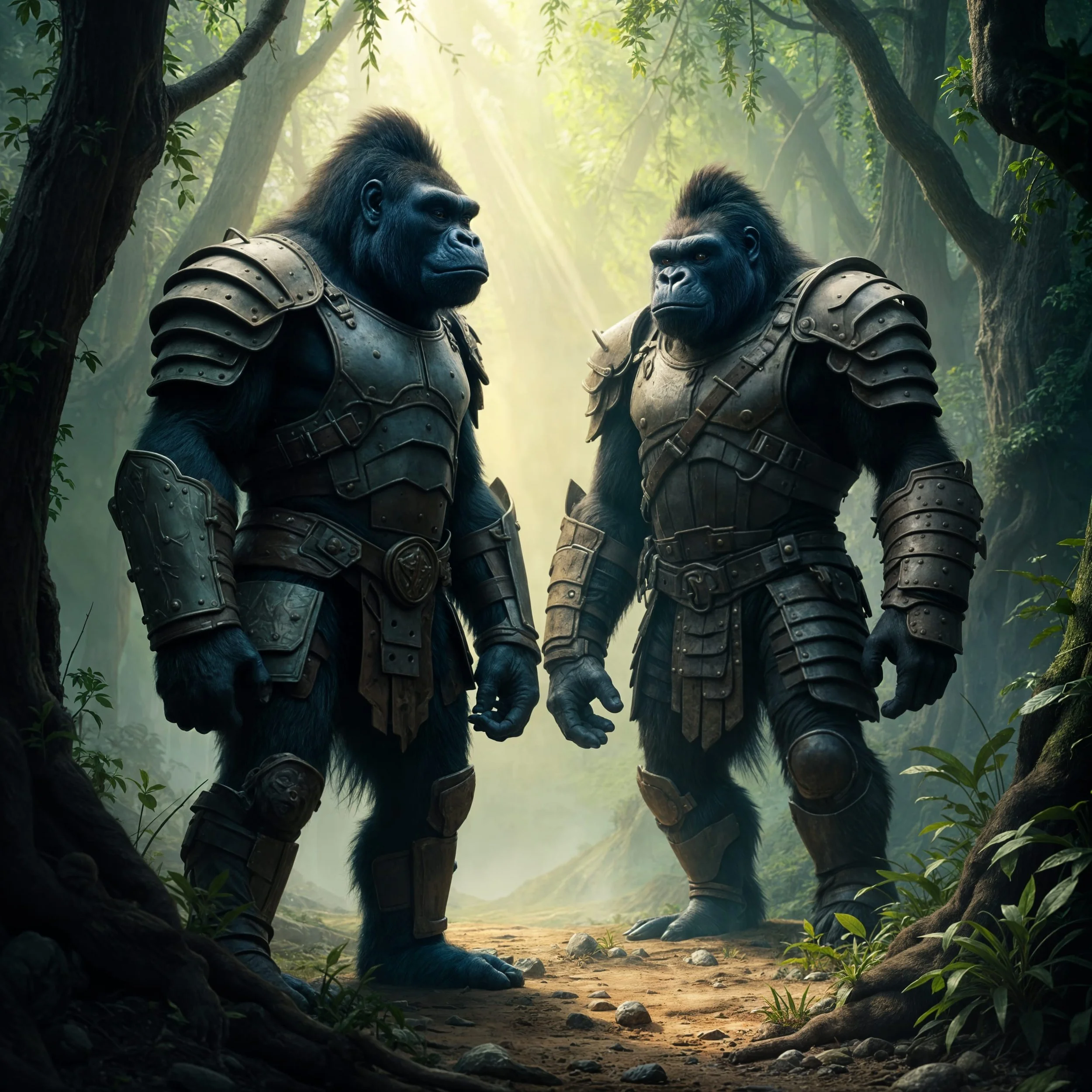 Before them stood two heavily armored gorillas who addressed them: "Stop! Who the hell are you? And what are you doing here?" "Speak up!"