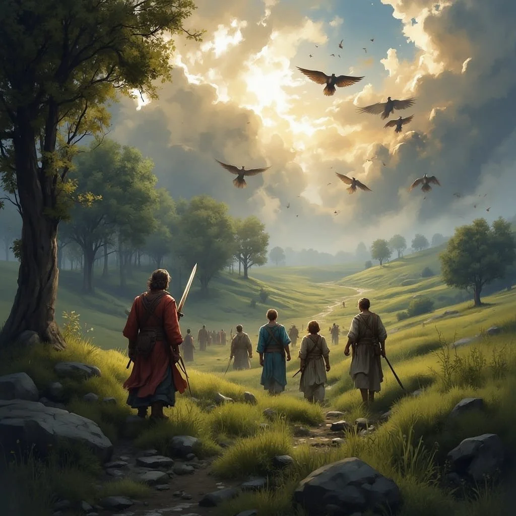 Armed men from neighboring villages come to the rescue, but they arrive too late. After their destructive attack the Angels gather and take off to the skies to disappear.