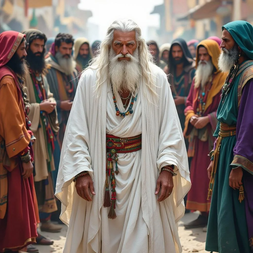 People grunt in affirmation and Zoroaster makes his way through the crowd to prepare his visit to the Gods.