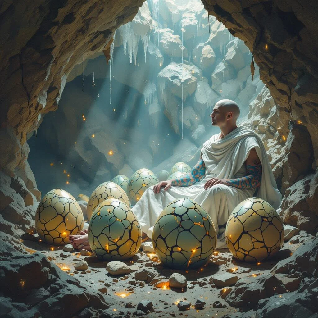 Then, while injecting the eggs, the earth trembles and Agrippa looks up.