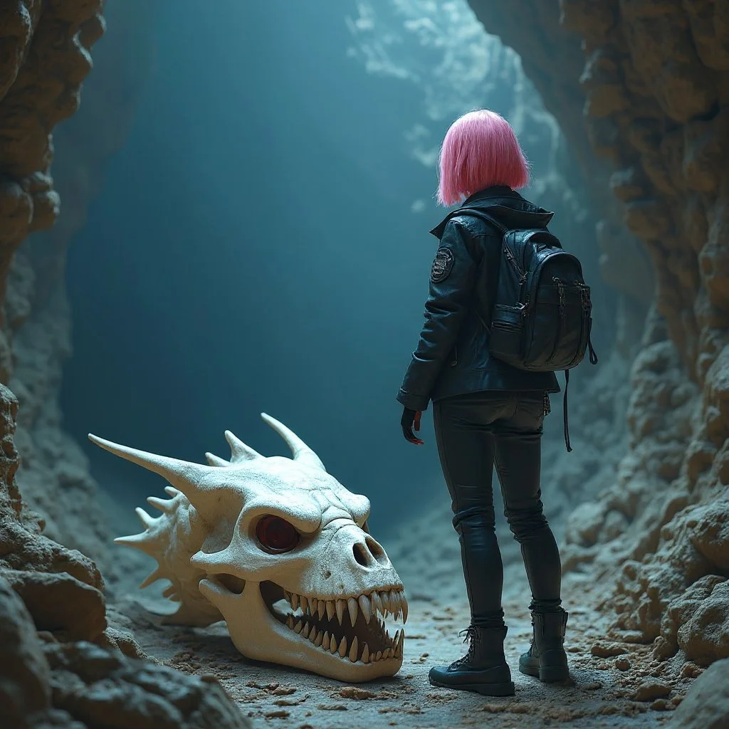 Somewhat later on her way deeper into the caves she stumbles upon the skull of a mid-sized dragon.