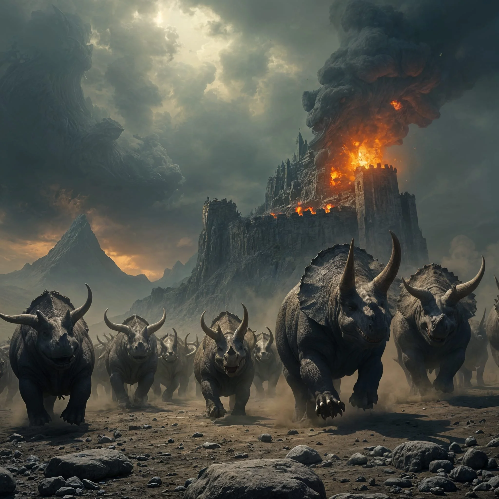 "So what? Triceratops aren't exactly sweethearts and are difficult to train, let alone control." "No problem, where I come from, we know how to deal with these kinds of creatures. Before you know it, I'll have taken over the fort and put the minotaur
