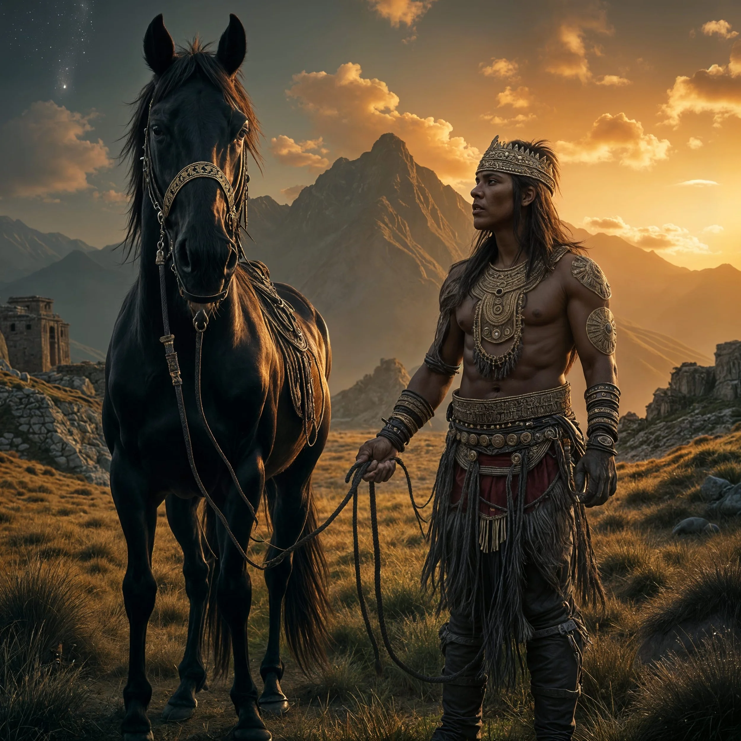 Finally, Pakal mentioned that he'd heard Neo's horse had died on the way. He whistled briefly, and a young man approached with a jet-black stallion. "This is Bucephalus. We've only just tamed him. He was originally meant for my son, but after discuss