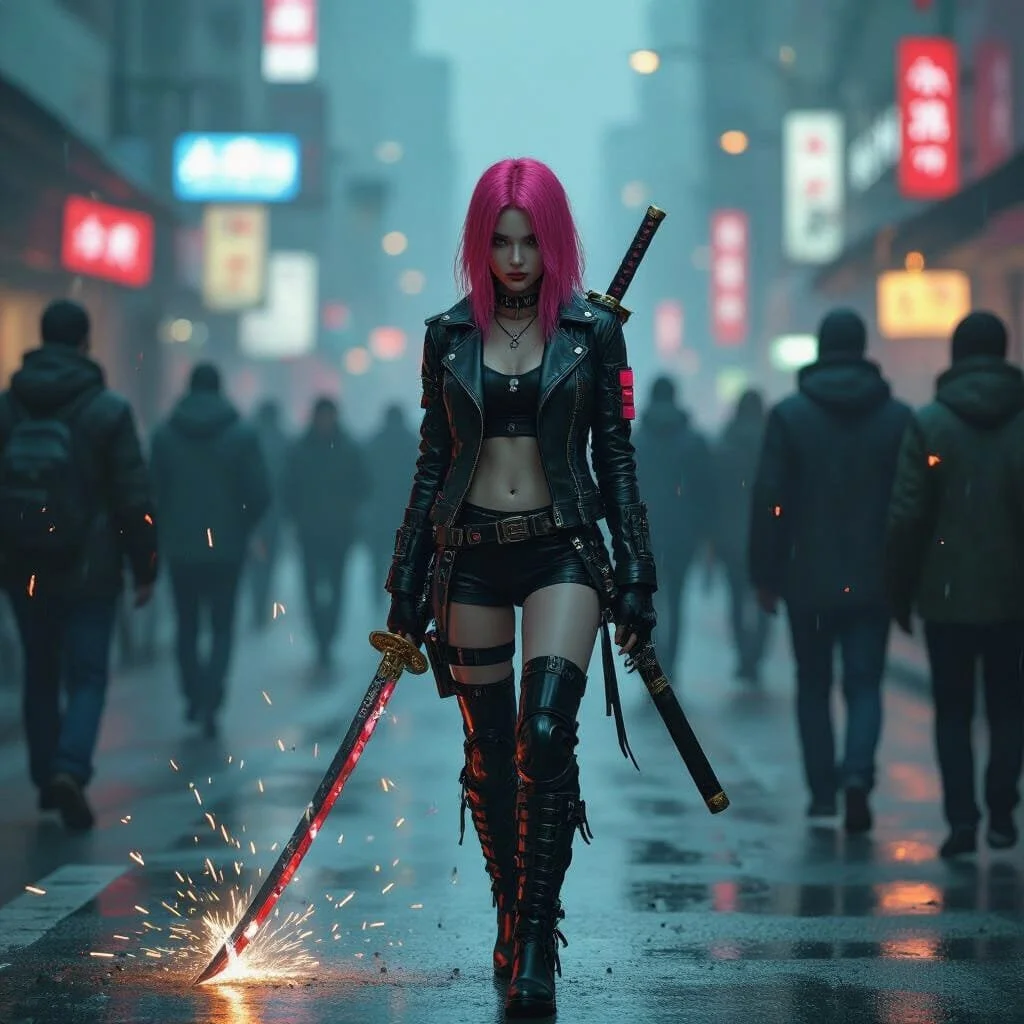 When she walks on, she drags her sword, making it create sparks, as if to challenge anyone not minding his/her own business.