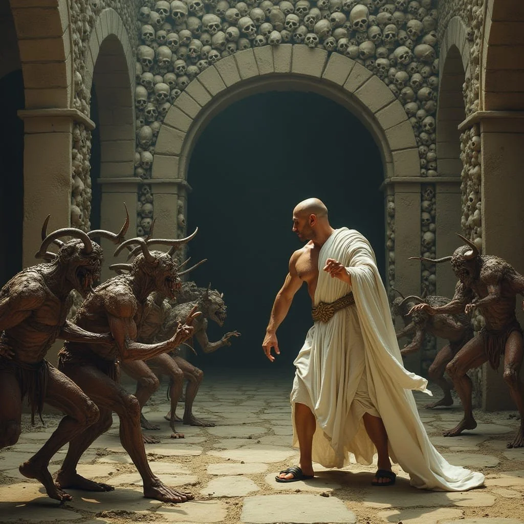 Suddenly the beasts freeze in their movements when a man in a white toga enters the courtyard: "Get thee gone, thou stinking lowlives!". Following his command the creatures run away screaming in all directions.