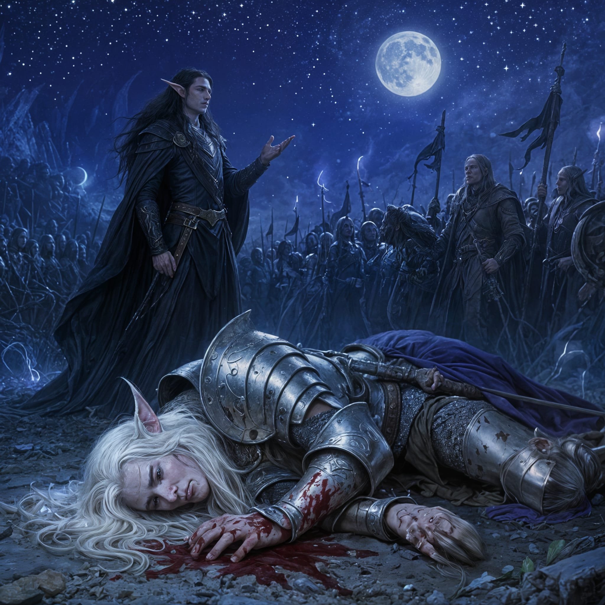 Even before the soldier could say anything, he collapsed dead at the feet of Eryndor, who addressed the bystanders: "It is said that strange creatures are roaming the mountains that have killed our patrol. Who will come with me to check out this stor