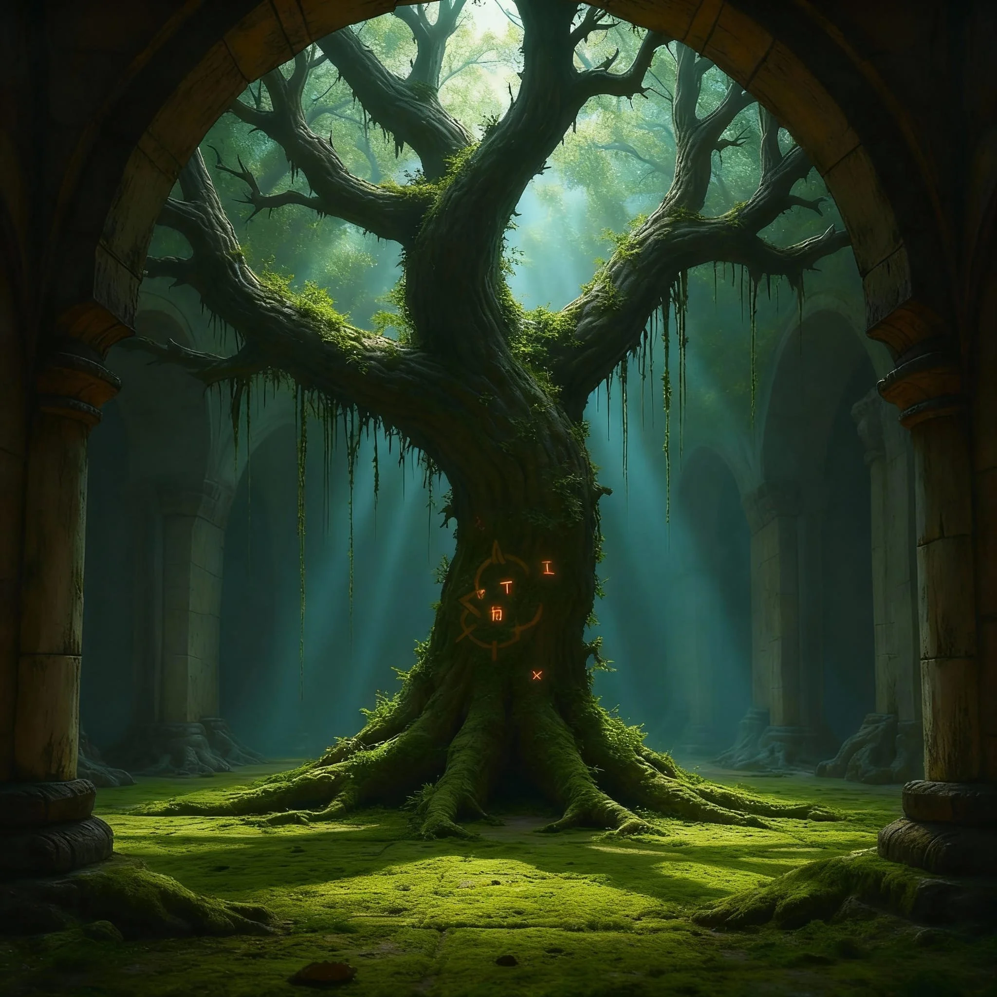 
An ancient tree stood bathed in light, and on its trunk all sorts of luminous signs were visible.