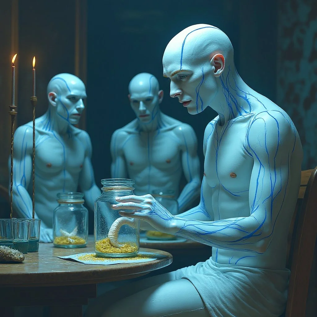 Back at the Gorgons, Agrippa shows Gaius and Julius the next step for dealing with the Angels. In the jar is a worm they brought along from their home planet.