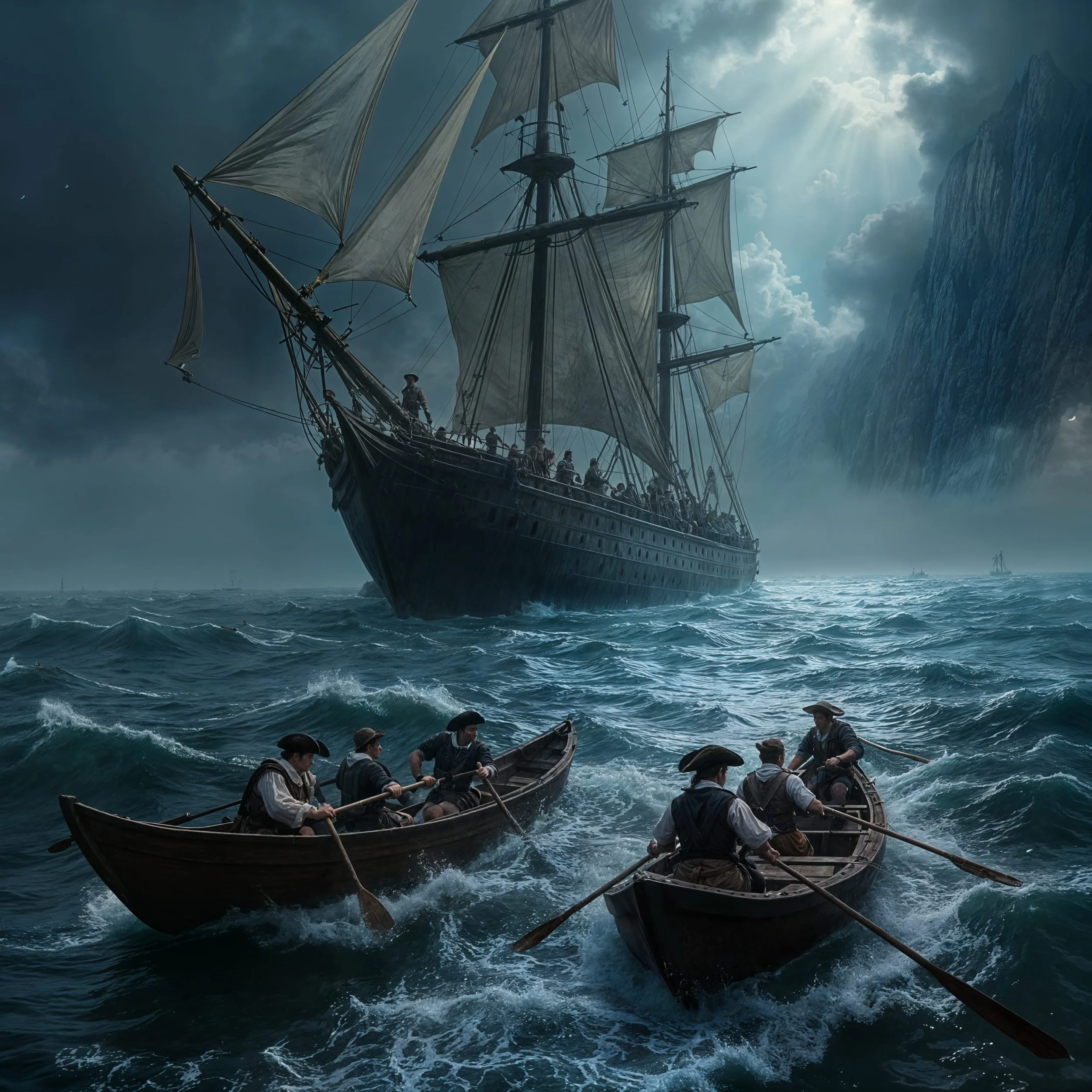 "Off Port de la Montagne, merman slaves are holding a group of triceratops captive in a sailing ship. I want to sail there with my best men, throw any crew overboard, and free the triceratops."