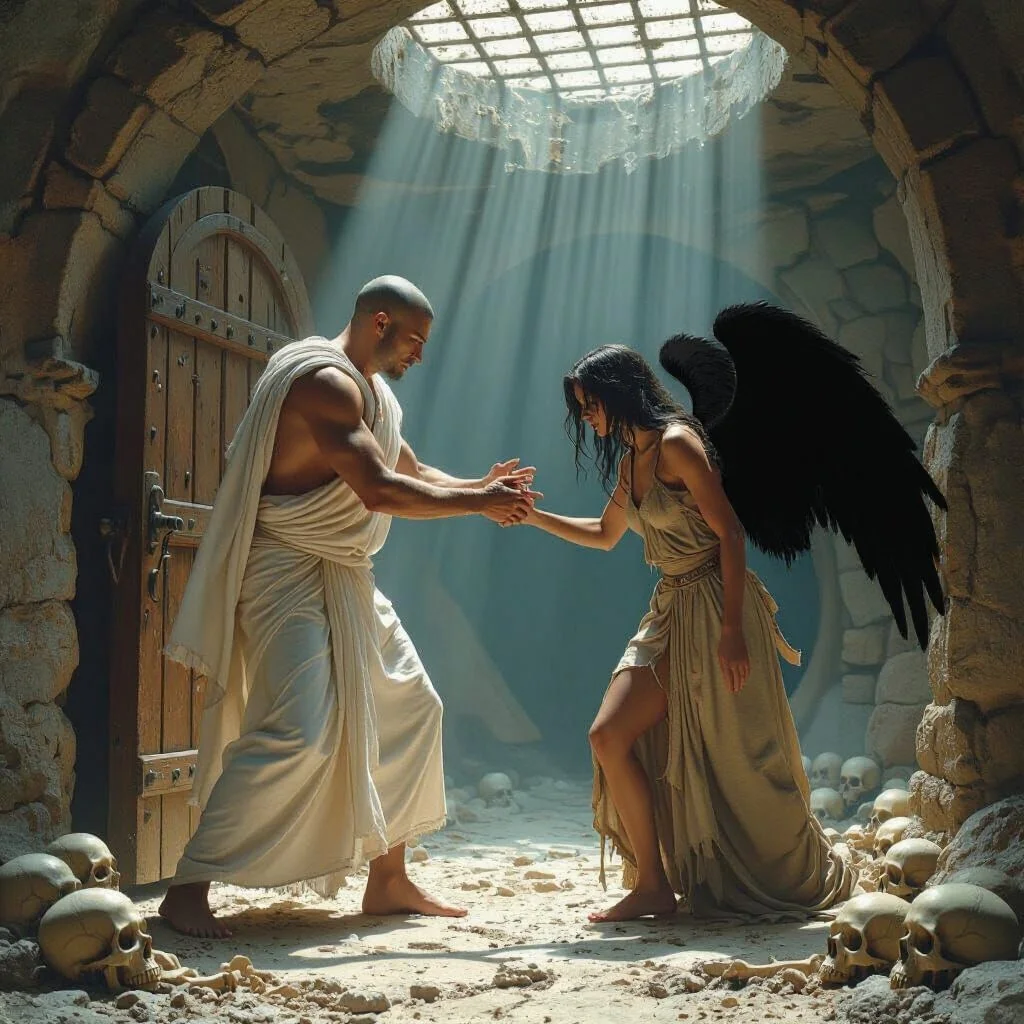 Gaius turns his back and points to Ariel. "Follow me!" When Ariel steps towards Gaius she is so weak that she stumbles and falls. In a quick reflex Gaius catches her and prevents her from falling down to the floor.