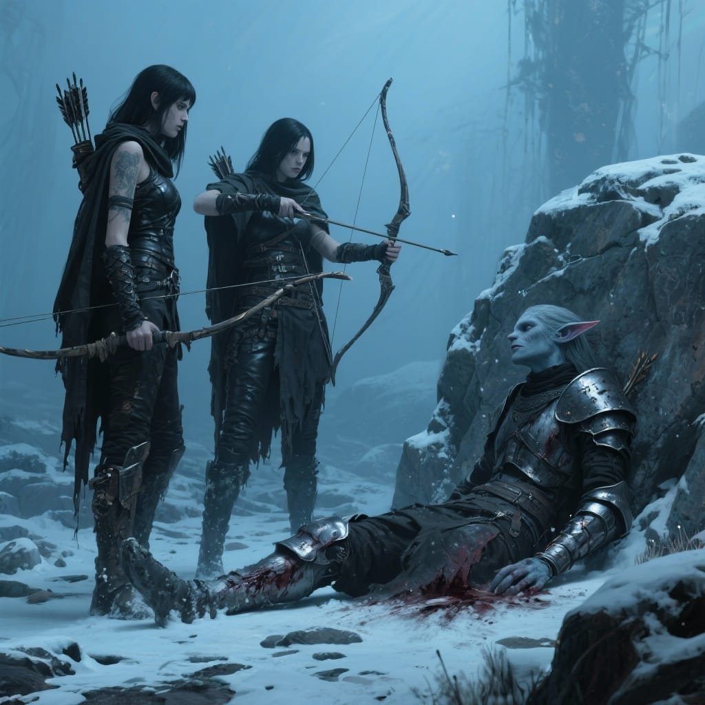 The attention of the other two was drawn during their round by a moan coming from behind a medium-sized rock. There lay a heavily wounded Elf.