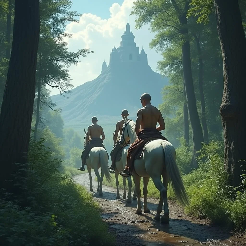 During Ariel's absence, three men on horses appeared. They were dressed in Roman togas.
