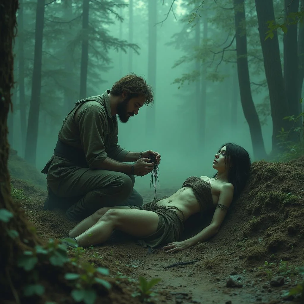 Max lays her gently on the ground and with his bare hands starts to dig a grave.