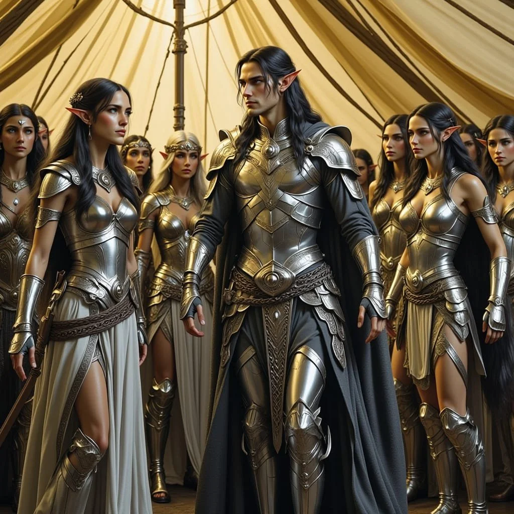 In walks the accused, Eryndor, Protector of the Woods. All present stand up as he is a highly regarded member of the community. At the end of the row stands Faelwyn, his enchanting companion.
