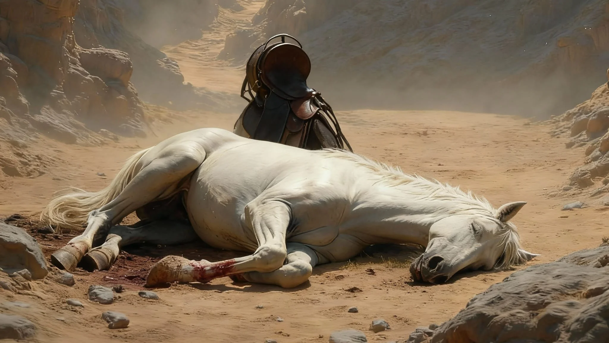 Once at the bottom of the ravine, the horse lay dead next to the saddle with a broken saddle strap.