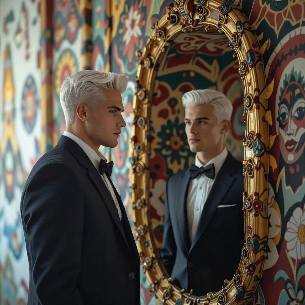 When he looks into the mirror to check how he looks, he sees nothing that does not please his eye. With a smile on his face he mumbles "Mirror, mirror, on the wall..."