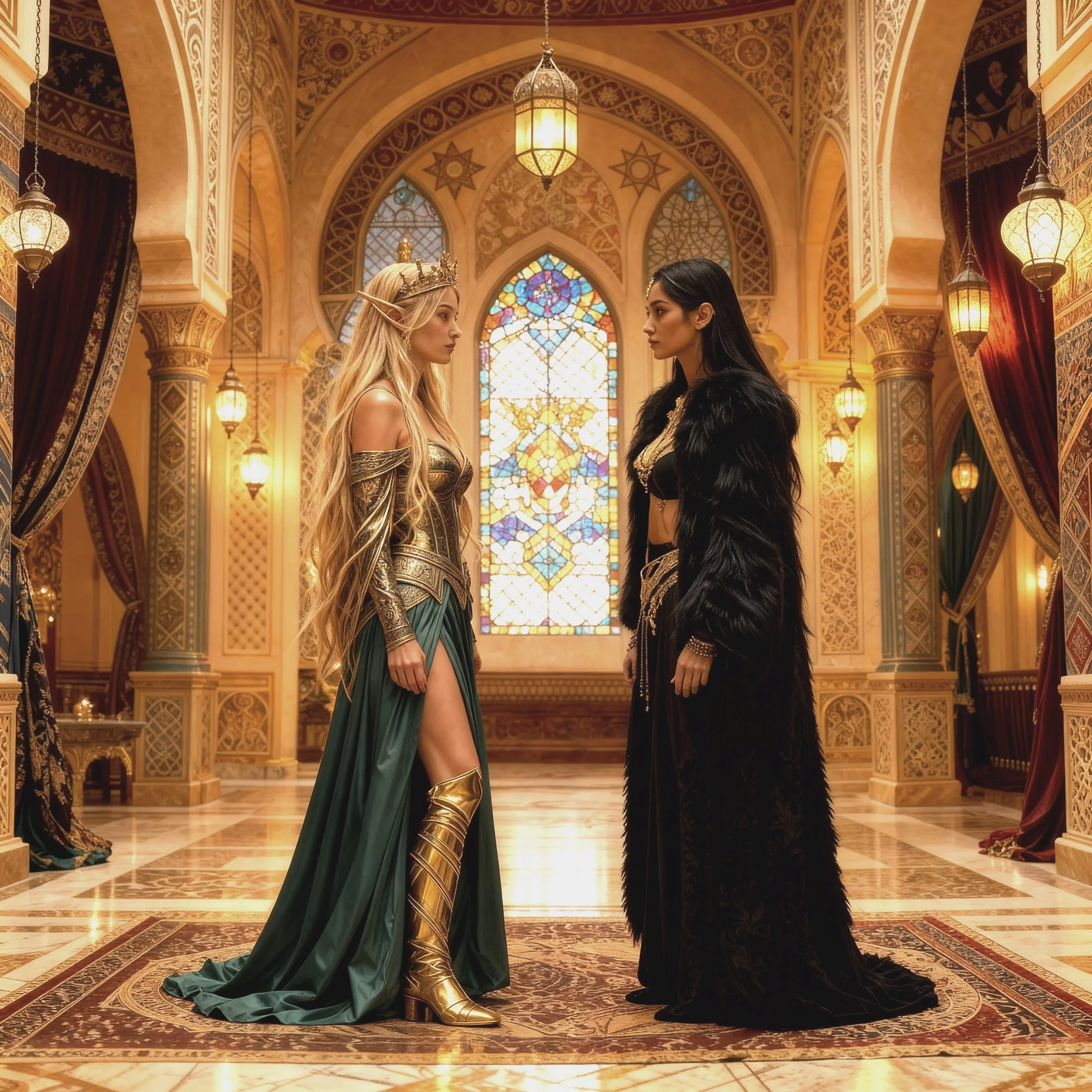So both queens moved to a side-room where Isolde opened the debates: "What have you done with my people. Elves do not bend their knees for anyone and I want you to deliver them to me before we will even start to talk." "Don't worry about them. I'll s