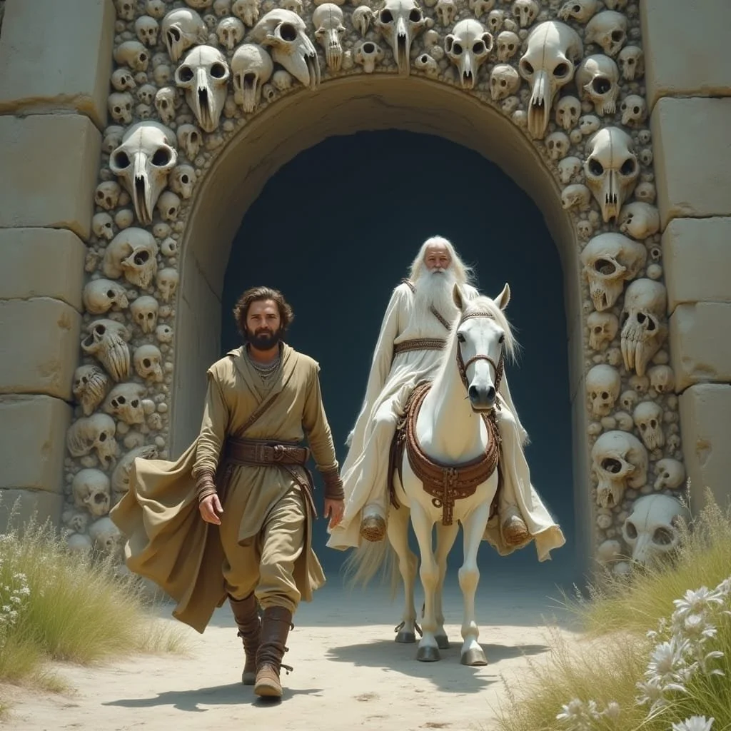 When they arrive at Heaven's Gate, Mac leaves behind his horse, and decides to play the role of Zoroaster's servant.