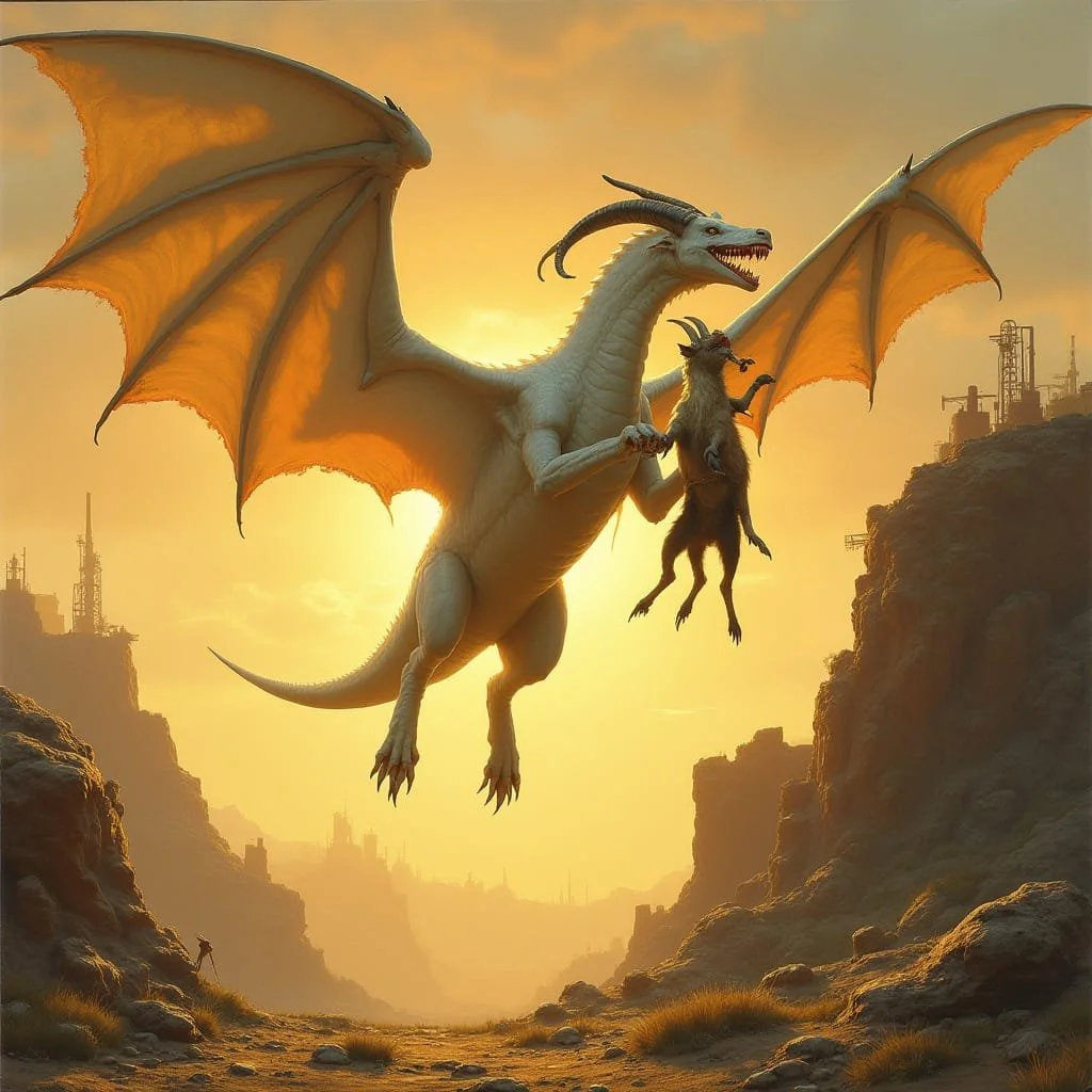 Before he is in full air the white dragon has snatched the goat's throat.