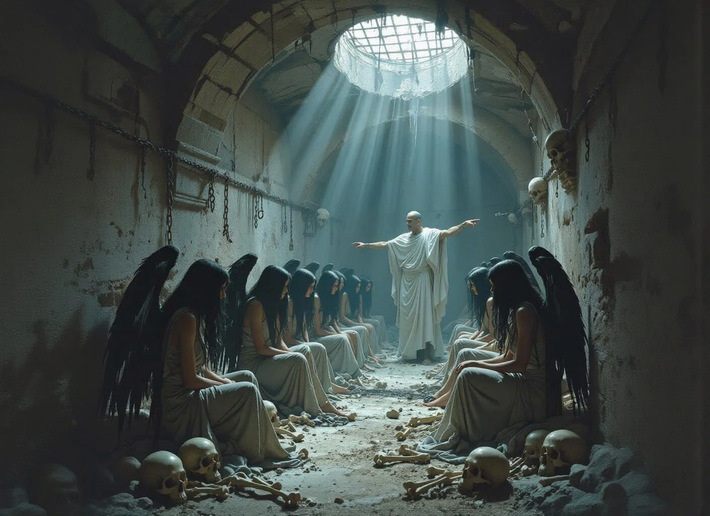 Shortly after Ariel's audition Gaius enters the dungeon again and shouts out "You are free. All of you!" When he notices that the news does not sink in, he leaves the Angels in disbelief.