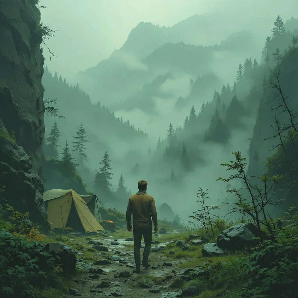 Finally Mac reaches his base camp and the fog clears up.
