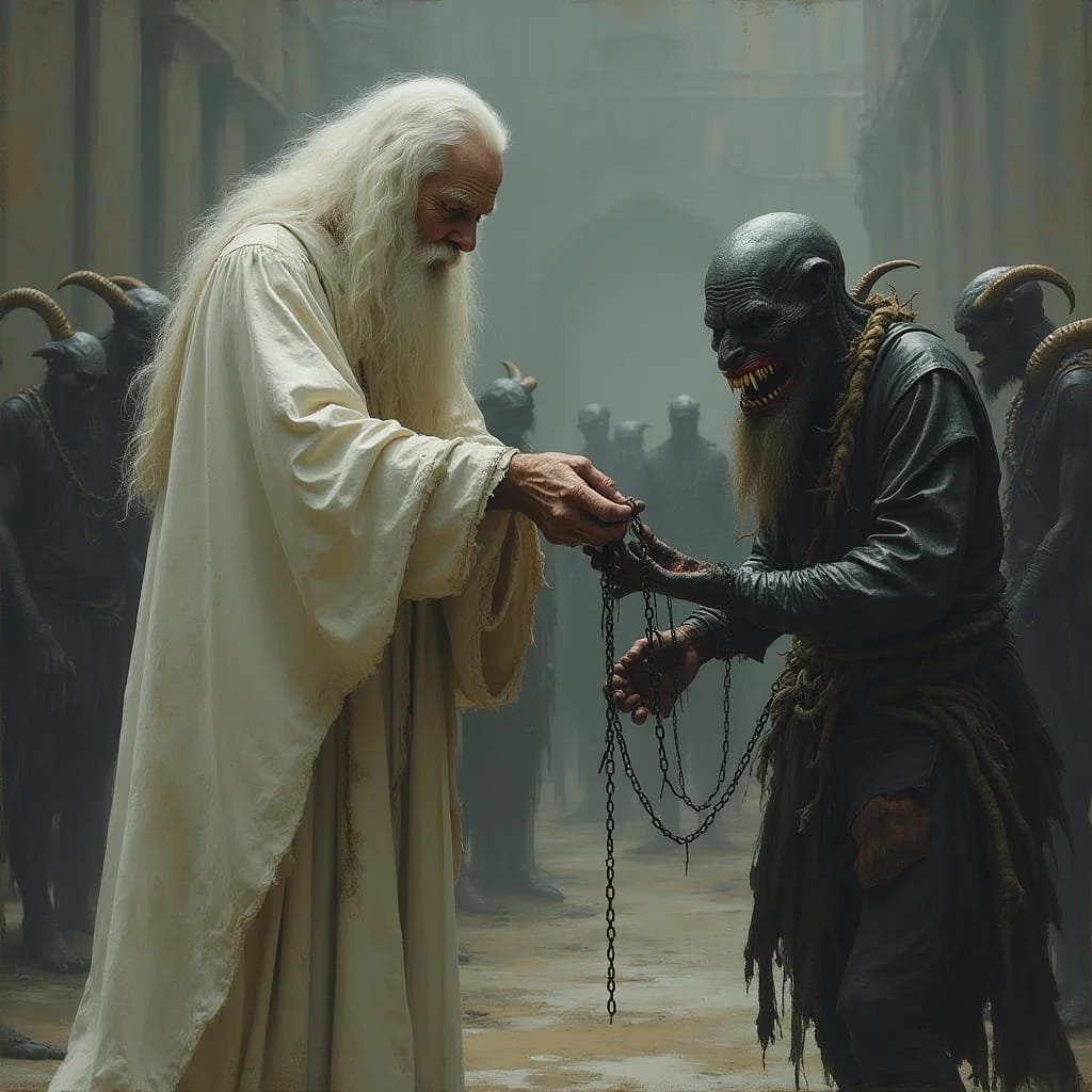 An oddly looking creature approaches him and put his chains in Zoroaster's hands. "Take them...", he says, "Free me."