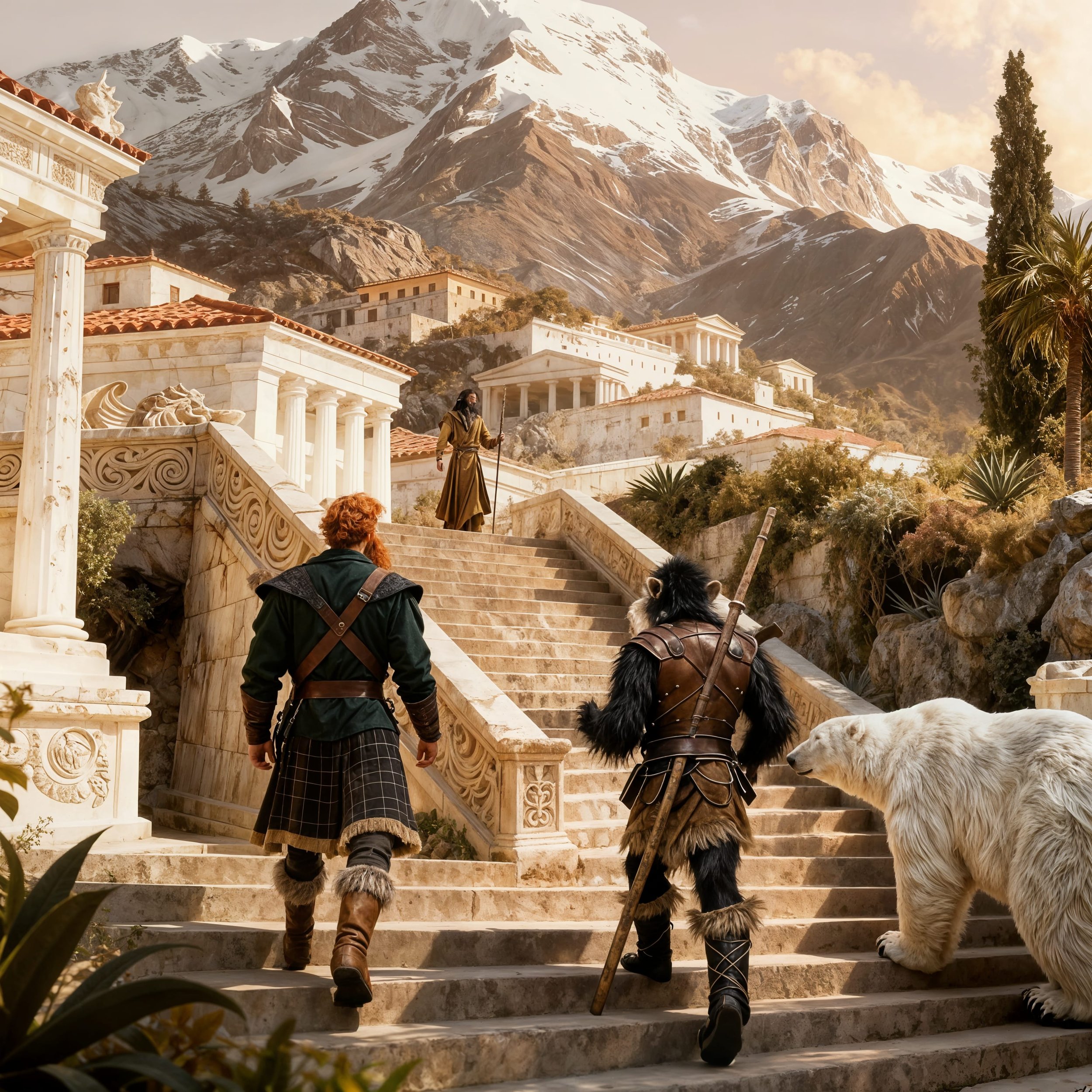 When he returned the fellowship mounted a long stairway where on top someone was awaiting them.