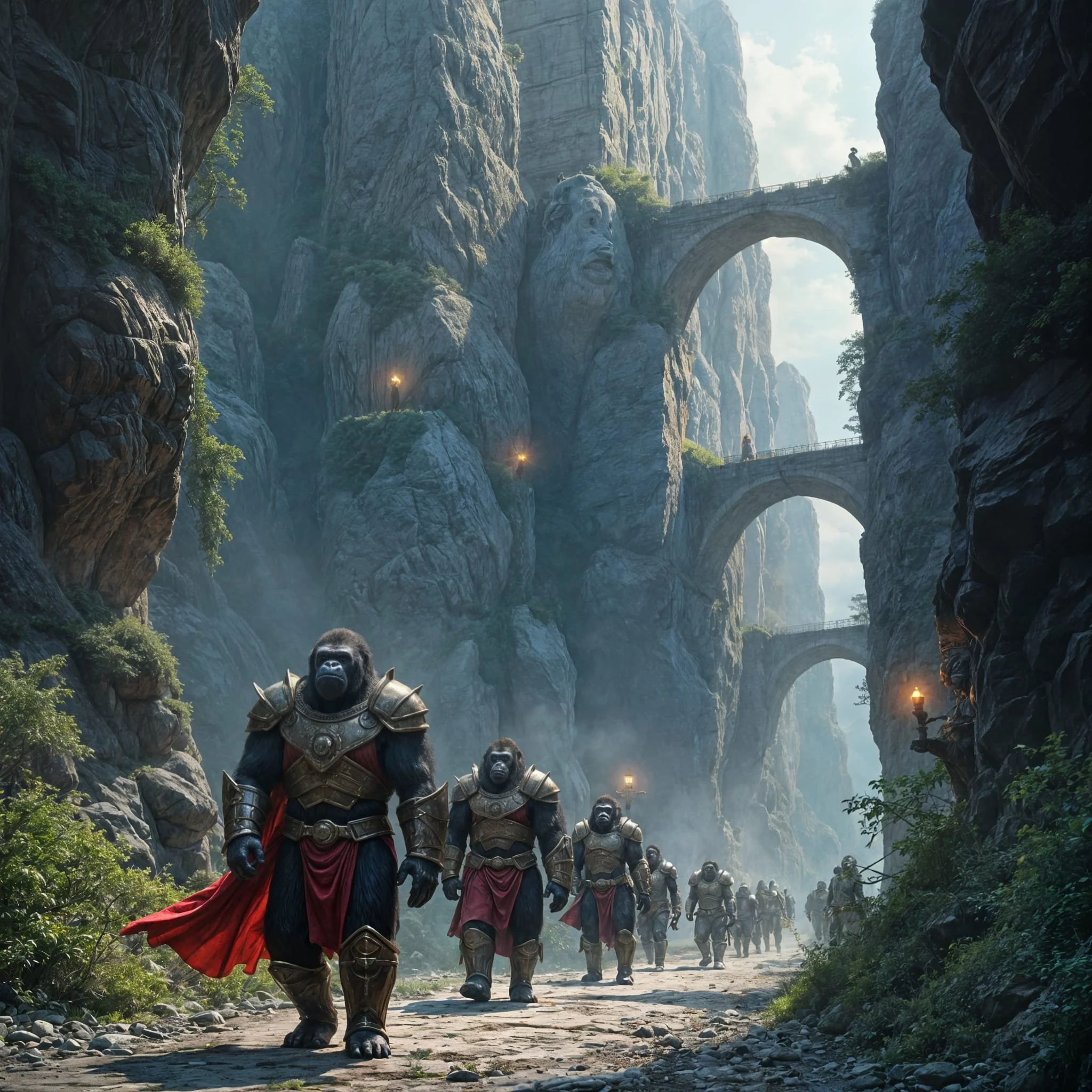 After the necessary explanations and the confiscation of all weapons, the two gorillas escorted the exhausted minotaurs to their city. It was immense and high, with bridges at dizzying heights...