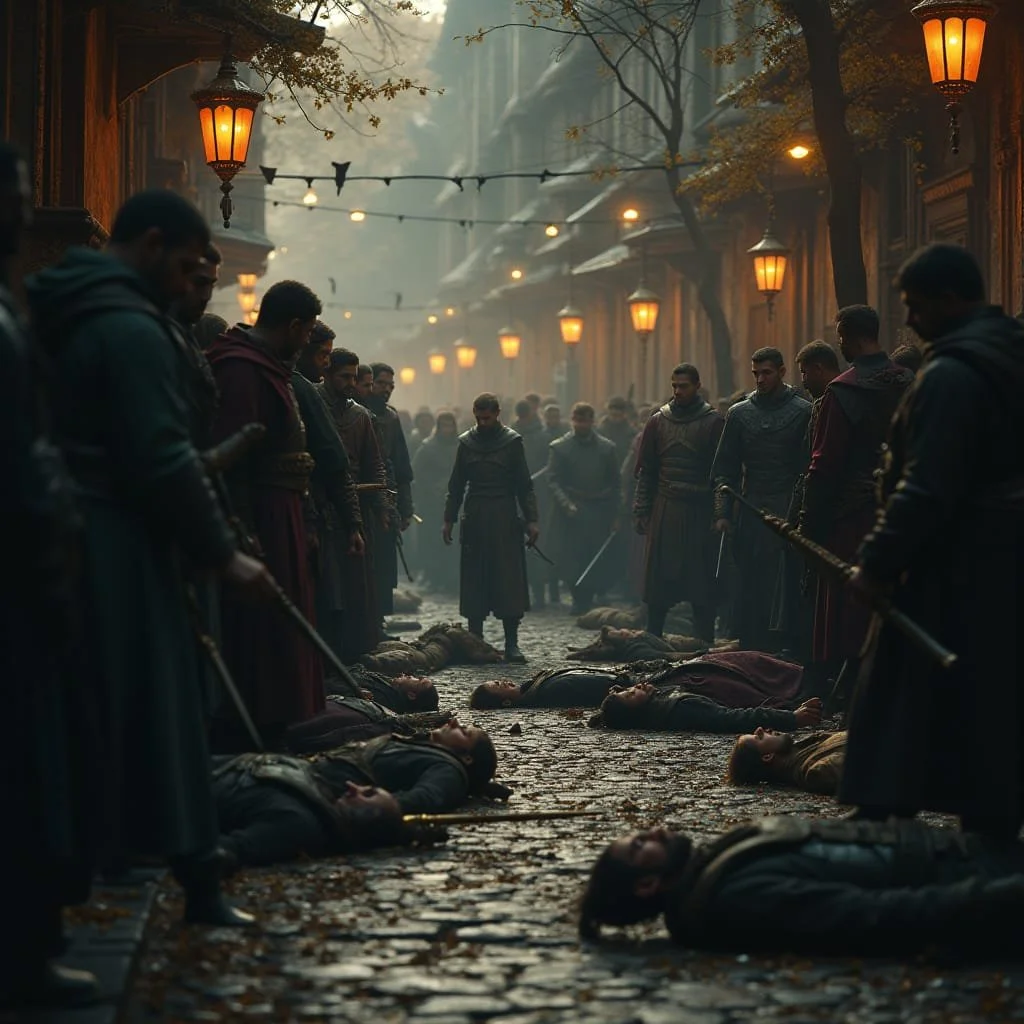 Soon several people are lying dead on the cobble stones. Killed in a rage or for settling accounts.
