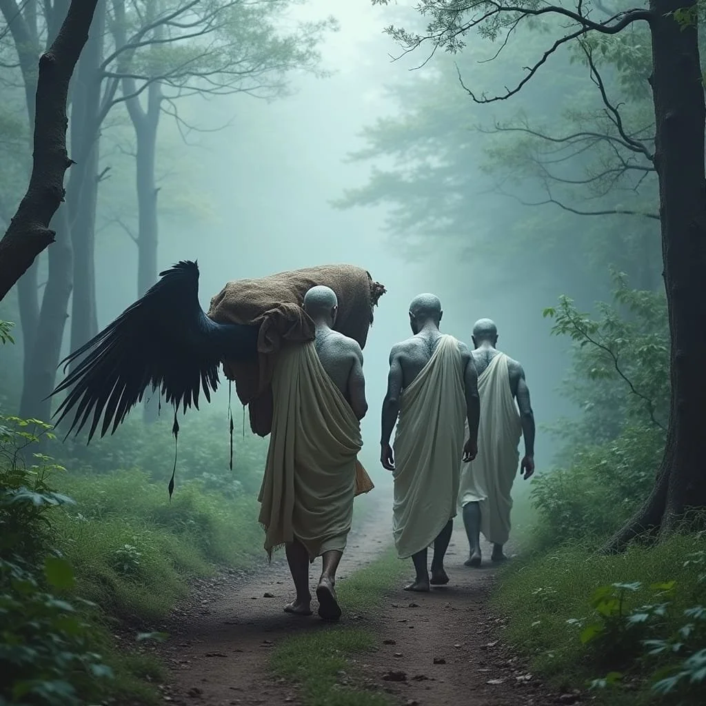 At the other side of the mountain the Gorgons are taking their time to carry home their trophies in a jute bag: the cut-off wings of the fugitive Angels.