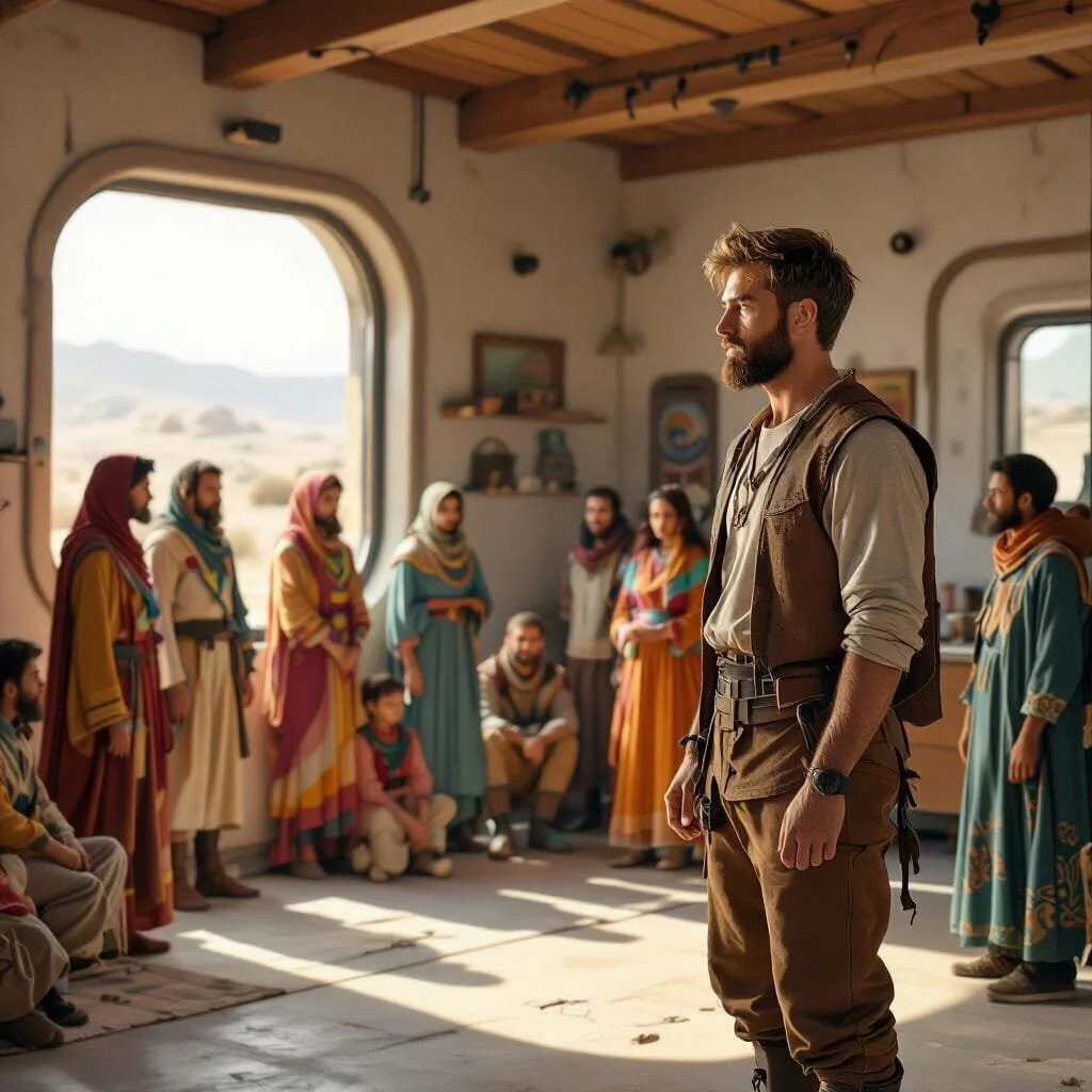 Next he has a change of clothes to talk to the more traditionalist members of the community. Immediately when he talks of the Gorgons (they are Gods to his audience here) people start talking amongst each other.
