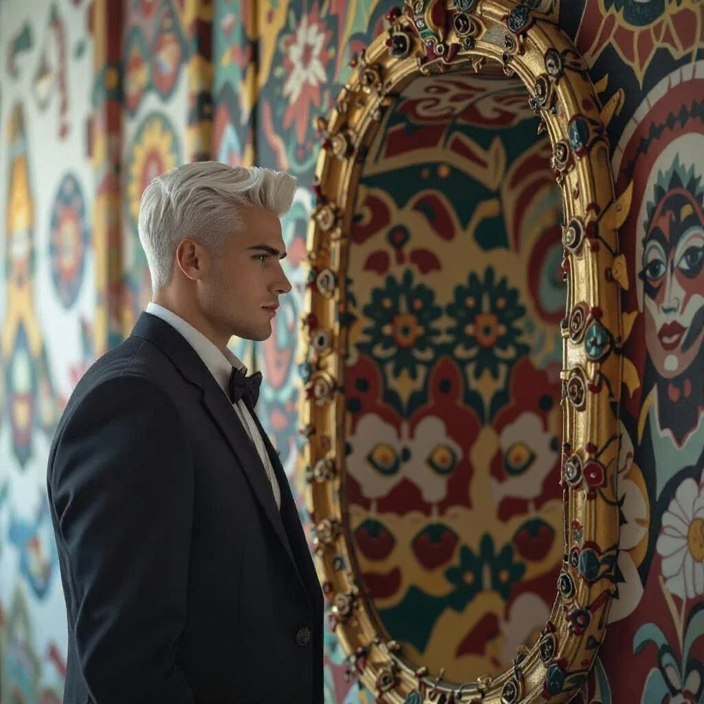 Later that evening, or should I say later that night, the man with the white hair is standing in his boudoir, dressed up for a high class event.