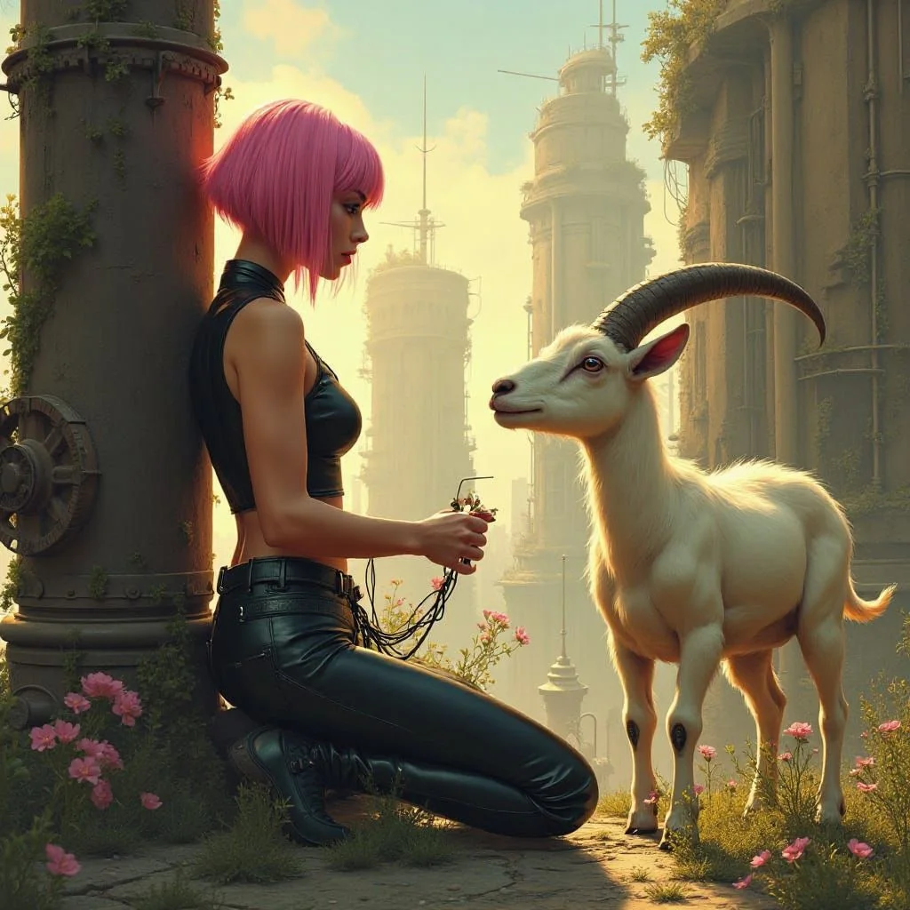 When she passes one of the old houses a goat comes out and approaches her.