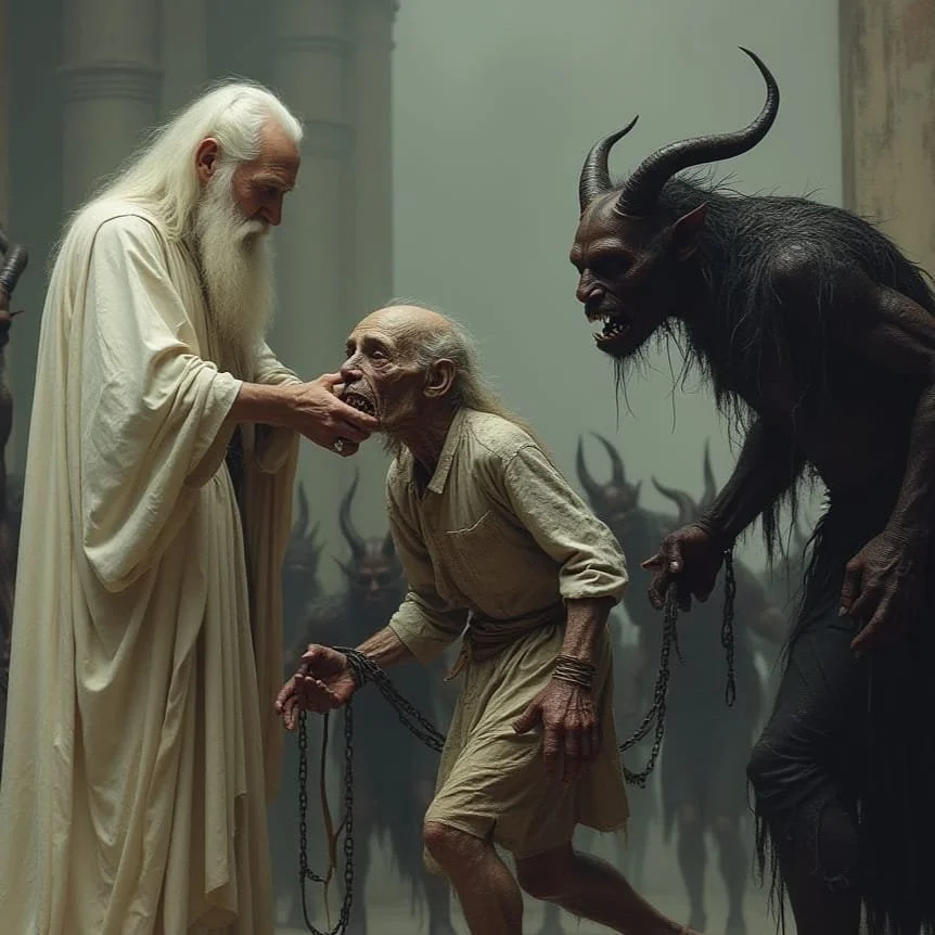 When Zoroaster takes the chains and touches the creature's face with pity and compassion the creatures changes into an old man suffering from maltreatment and disease.