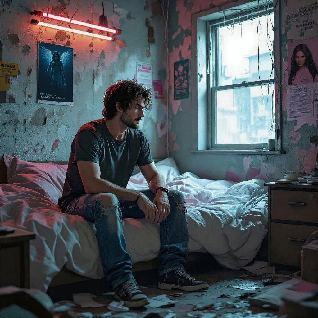 His attention is drawn by footsteps outside in the corridor and someone pushing open the creaking door of his apartment.