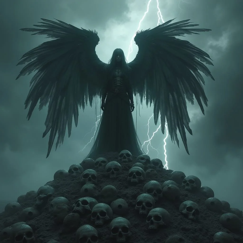 When the Angels arrive in the cellars of the Gorgons' palace their mind is broken for a third time: Ariel stands on top of a heap of skulls. She looks like she was tortured and her wings attract the attention with their grimy look.