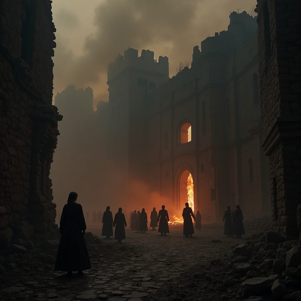 Further along at the kings' castle, a group of servants gathered in front of the burnt-out building.