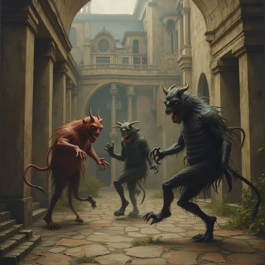 Ashamed of what he looks like the pity old man runs away and the devils around Zoroaster start dancing and laughing.