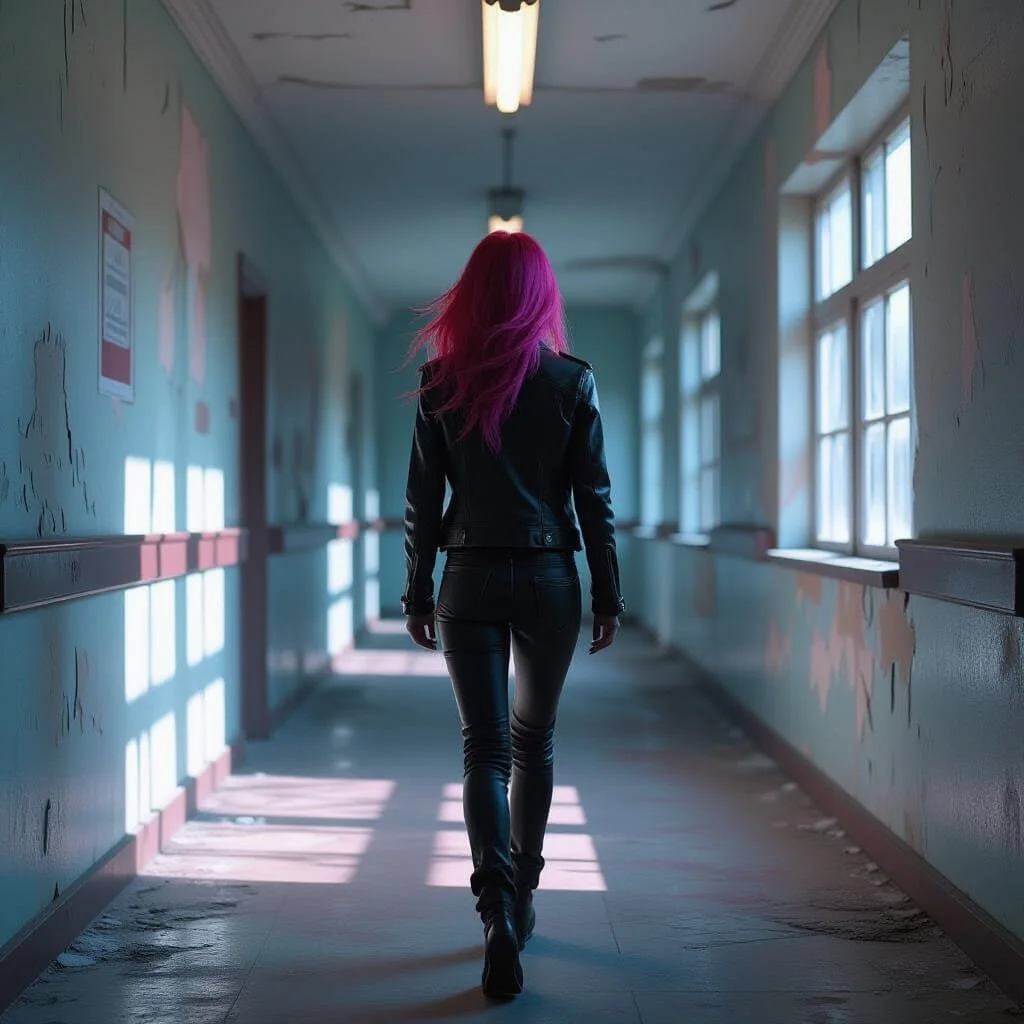 The day after the train incident a mysterious girl in a black leather outfit and with pink dyed hair is walking through a corridor, surrounded by peeling walls, flickering fluorescent lights, and grimy windows, as morning light casts dramatic, high-c
