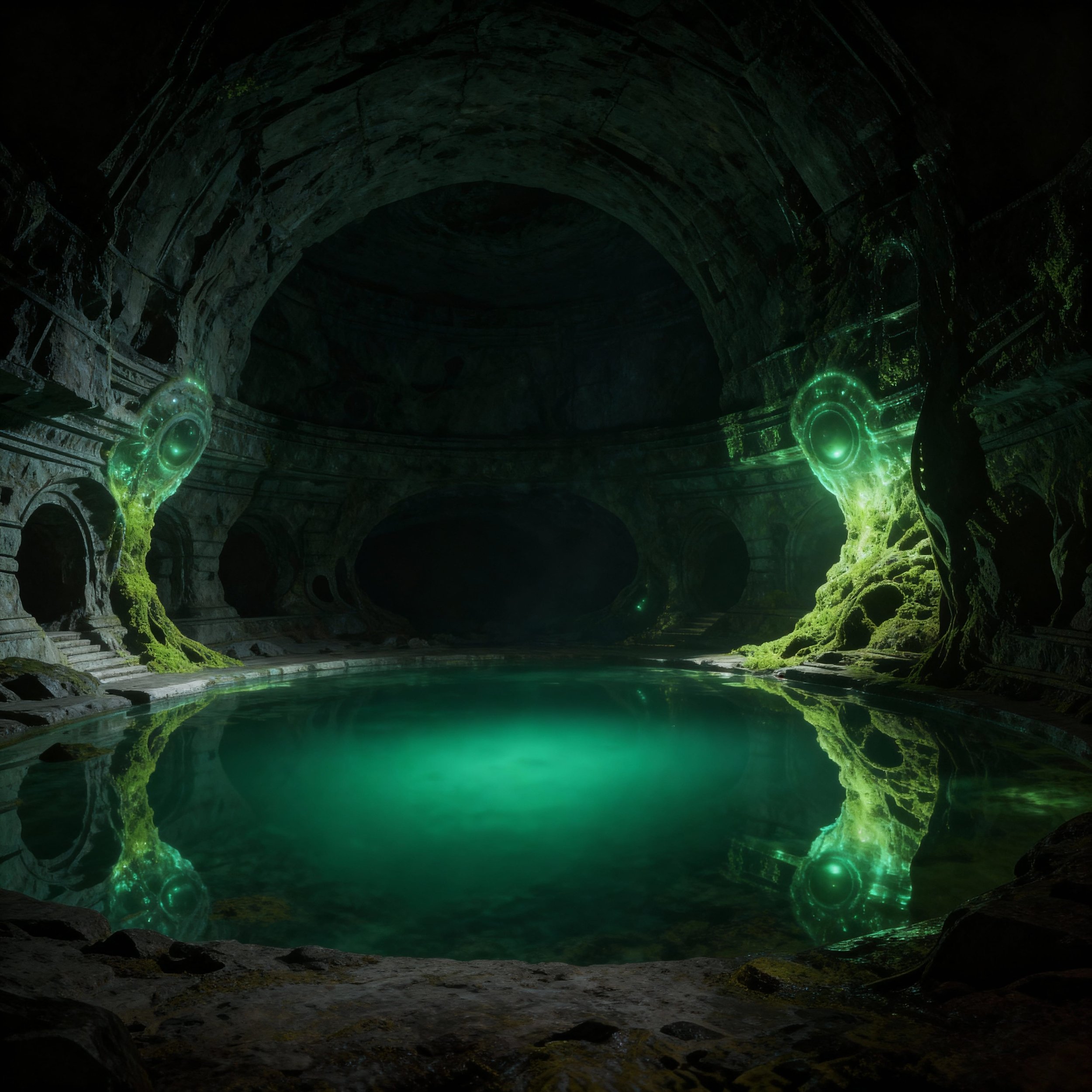 Until they arrived at the underground lake Hodēgós had been talking about. They stood perplex at the beauty of it and were stunned by the almost alien looking architecture and technique. They rested for a while after which MacDonald and Tornassuk sai