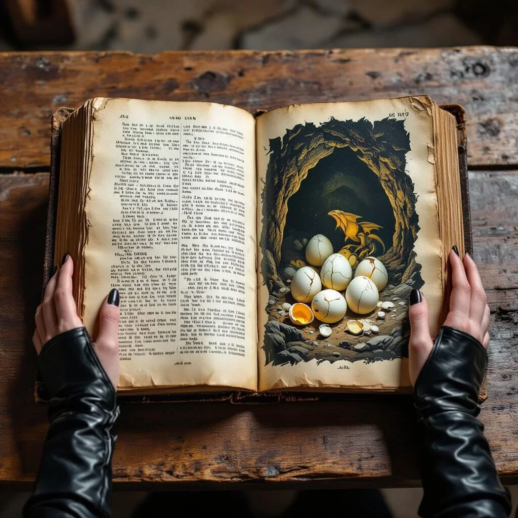 The next page talks about white eggs being hidden in a cave. The eggs have been genetically manipulated.
