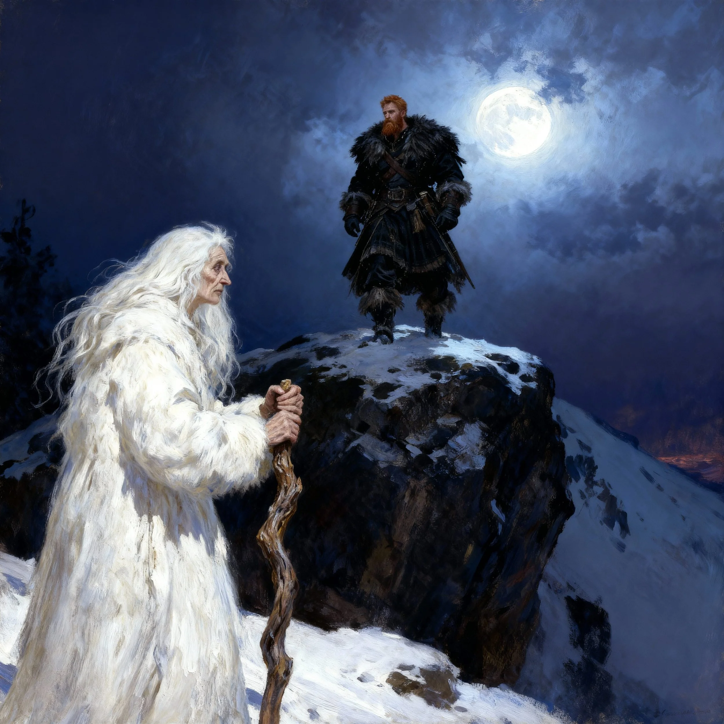 At the top of the volcano an old witch was waiting for him: "So, you are the man with the fiery hair. And you arrived here in a floating house with sails?" "You could call it that, yes." "Then the prophecy might be true, after all. Join me to my cave