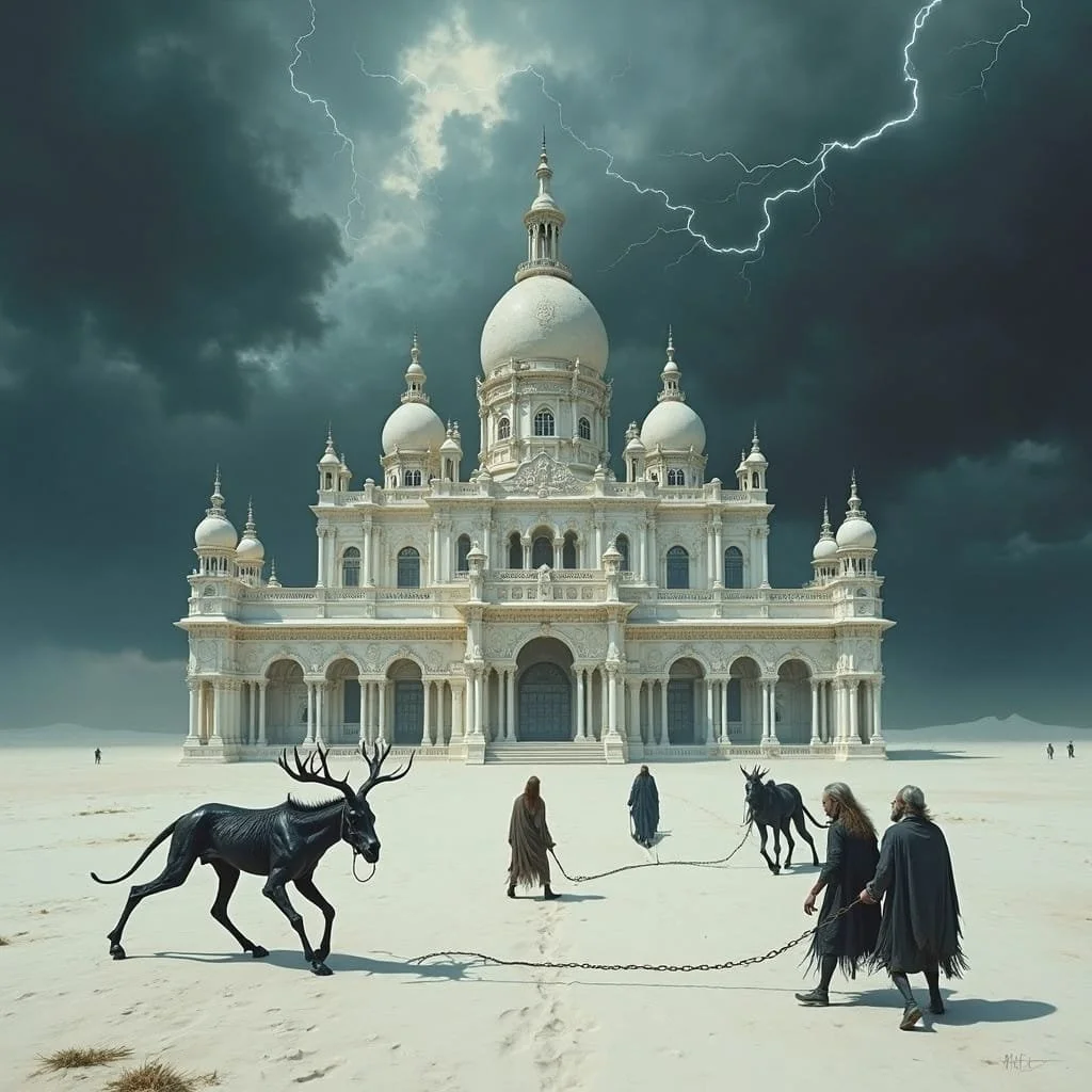 Nothing could have prepared them for what is displayed in front of their eyes...a majestic eastern looking palace build of skulls and bones of different creatures, of which several are walking around dazed and confused in the desert surrounding the p
