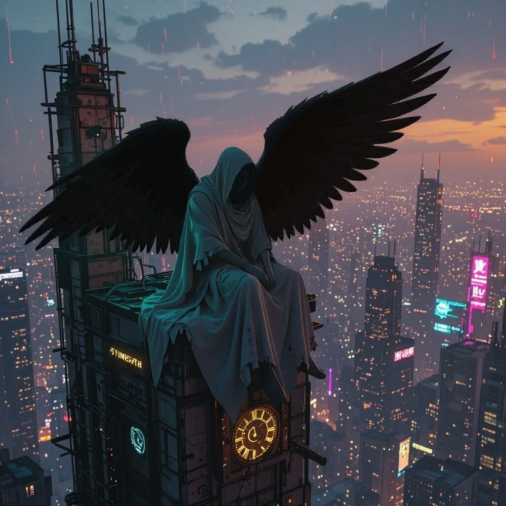 The change in attitude of Max and the specific characteristics of his mission, trigger something in the Heavens. Suddenly, high up on a building where no-one is paying attention, an Angel appears. Covered in black clothes, face unrecognizable. Anonym