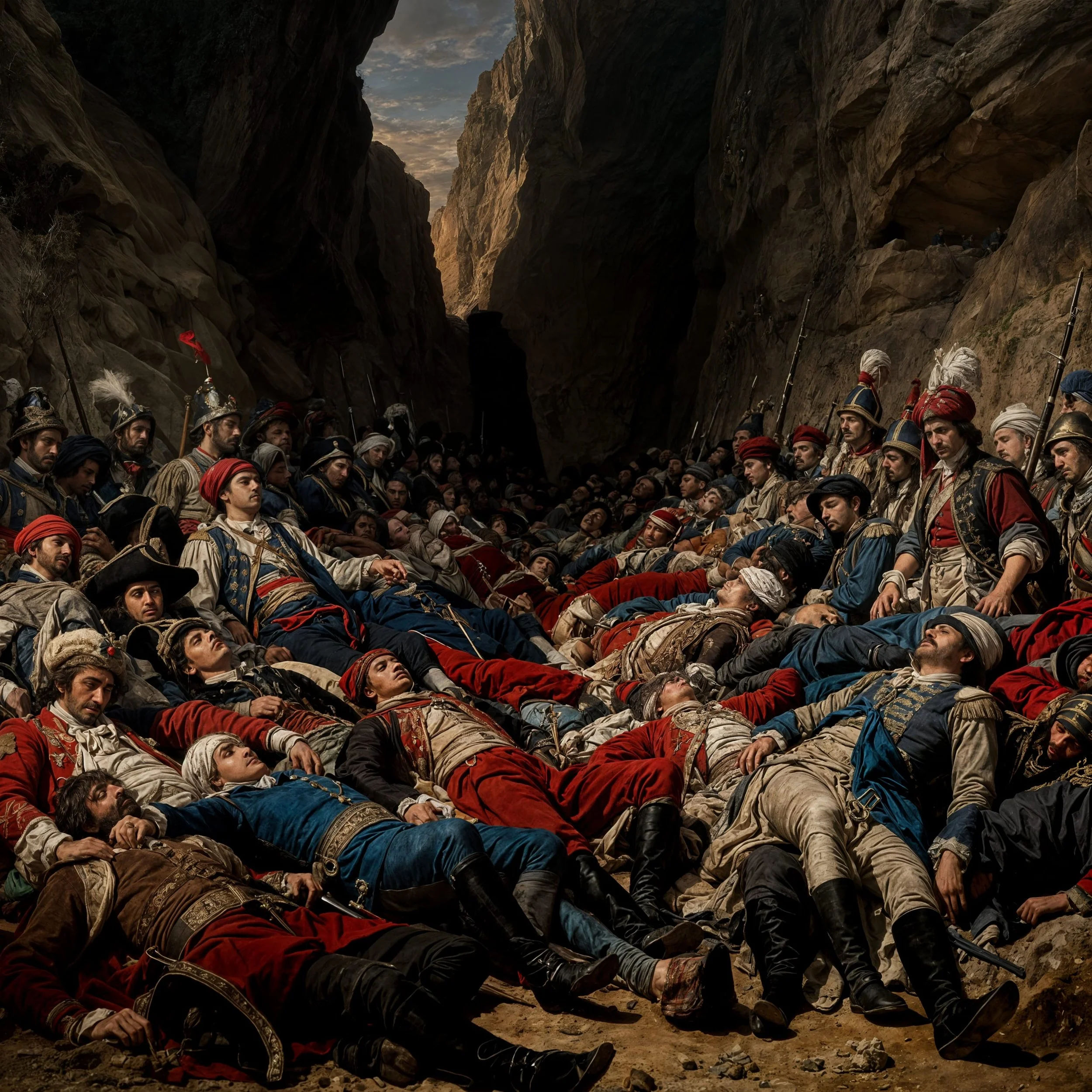 The battle lasted for two days. At the end of the second day the bodies at the exit of the canyon where so numerous that those at the side were pushed so hard against the wall that they were looking as if they were standing guard.