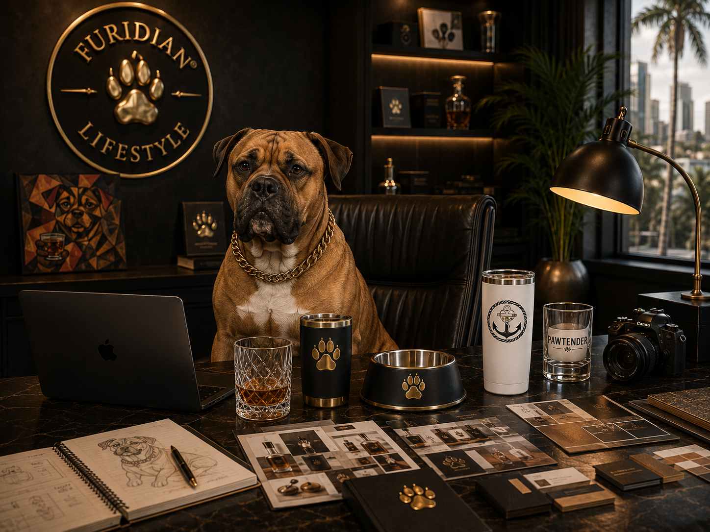 Furidian at his Furidian Lifestyle office desk with products on his desk.