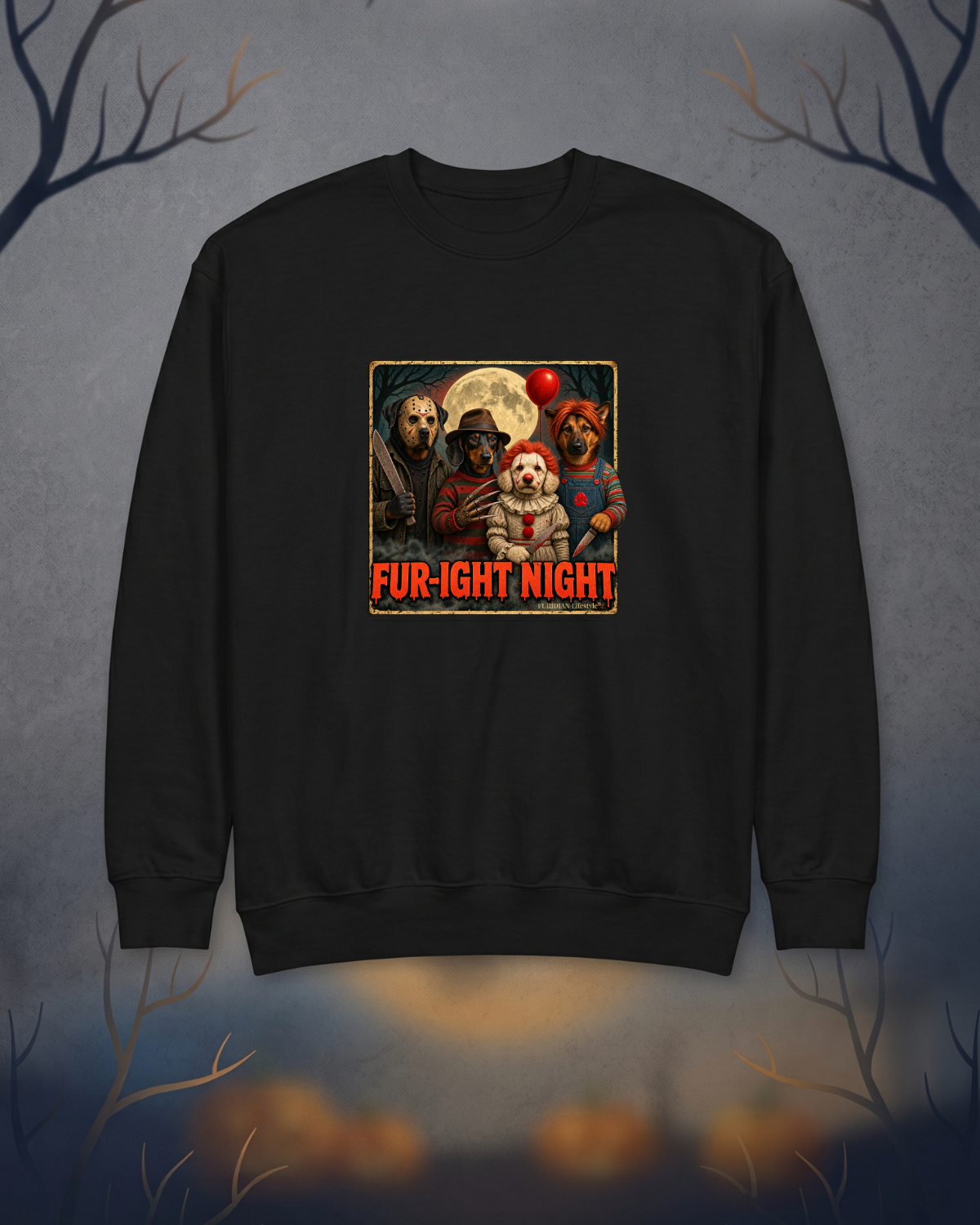 FUR-IGHT NIGHT Dog Halloween Horror Crewneck Sweatshirt