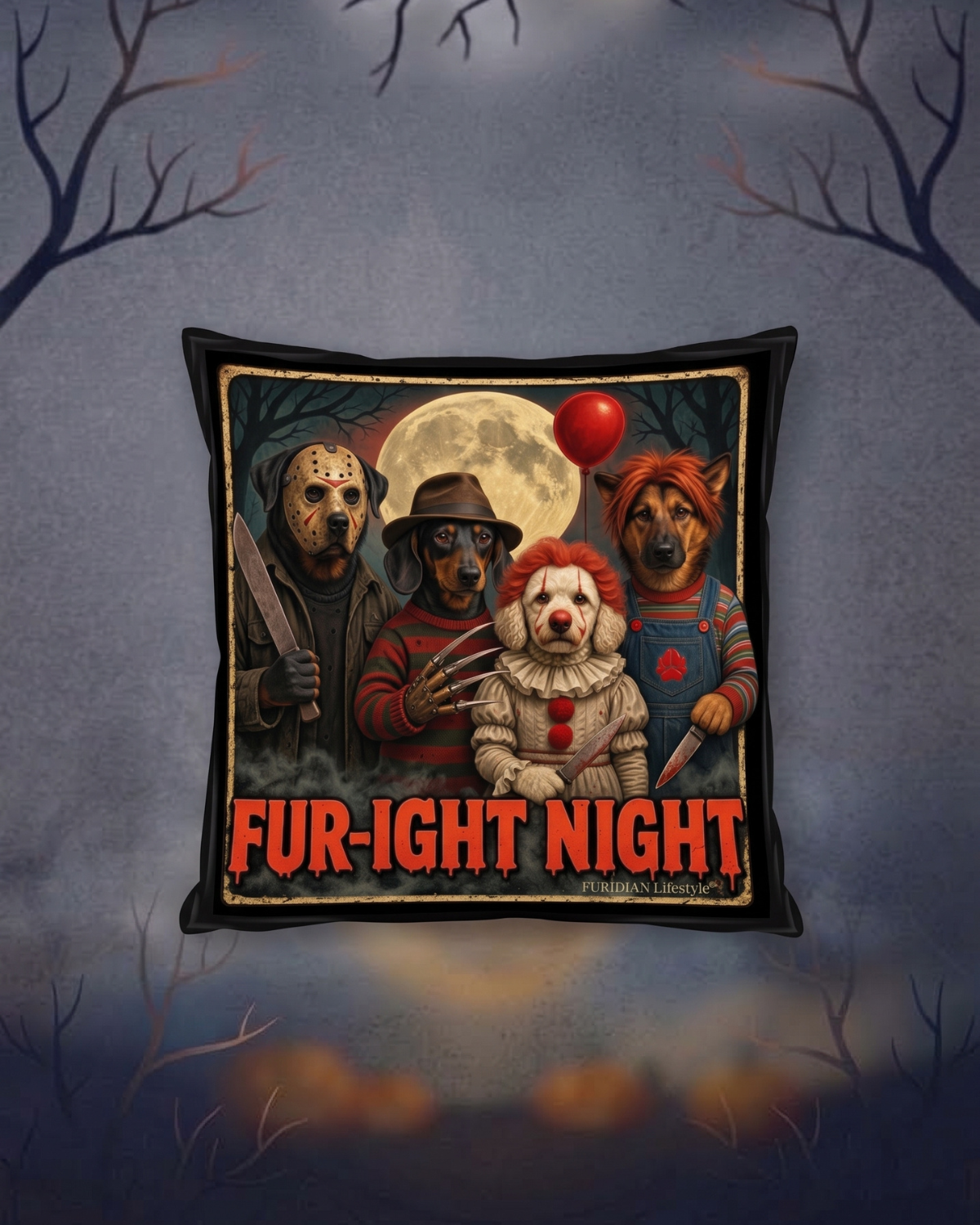 FUR-IGHT NIGHT Dog Halloween Horror Throw Pillow